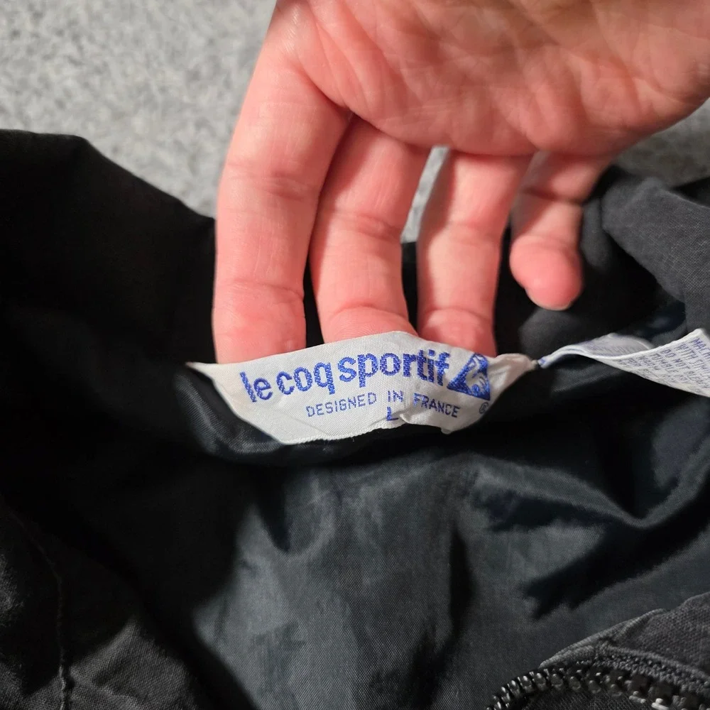 Le Coq Sportif Mens L Bomber Jacket Black Vintage Cotton Striped Trim Patch